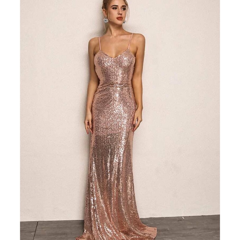 Champagne Rose gold sequin backless mermaid dress